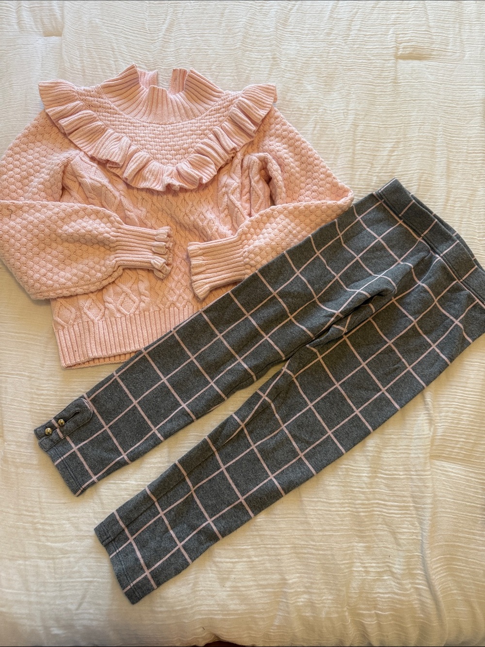 Janie & Jack Pink Ruffle Cable Knit Sweater with Gray Pink Windowpane Leggings